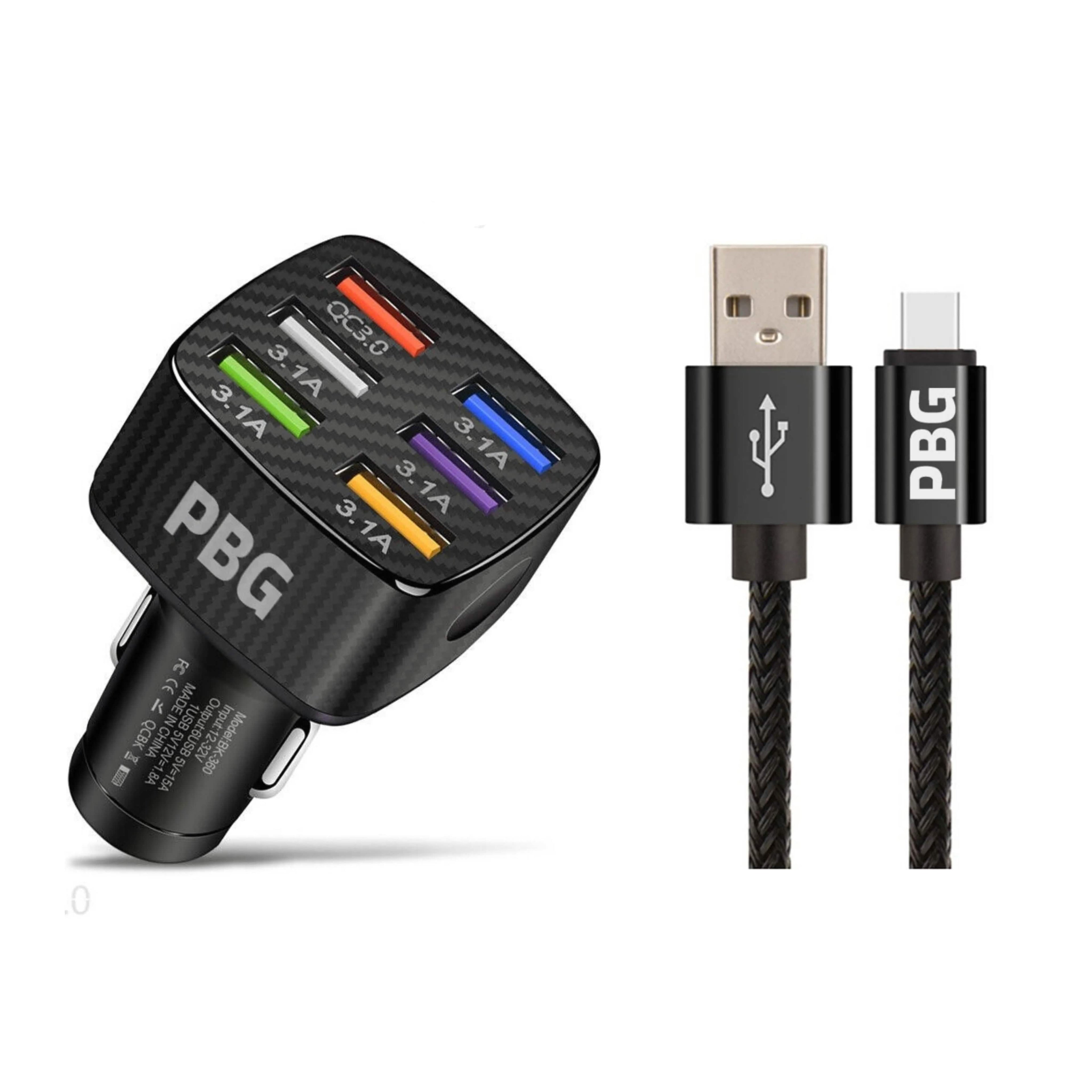 PBG LED 6 Port Car Charger and 10Ft. XL Zebra Lightning Cable Combo