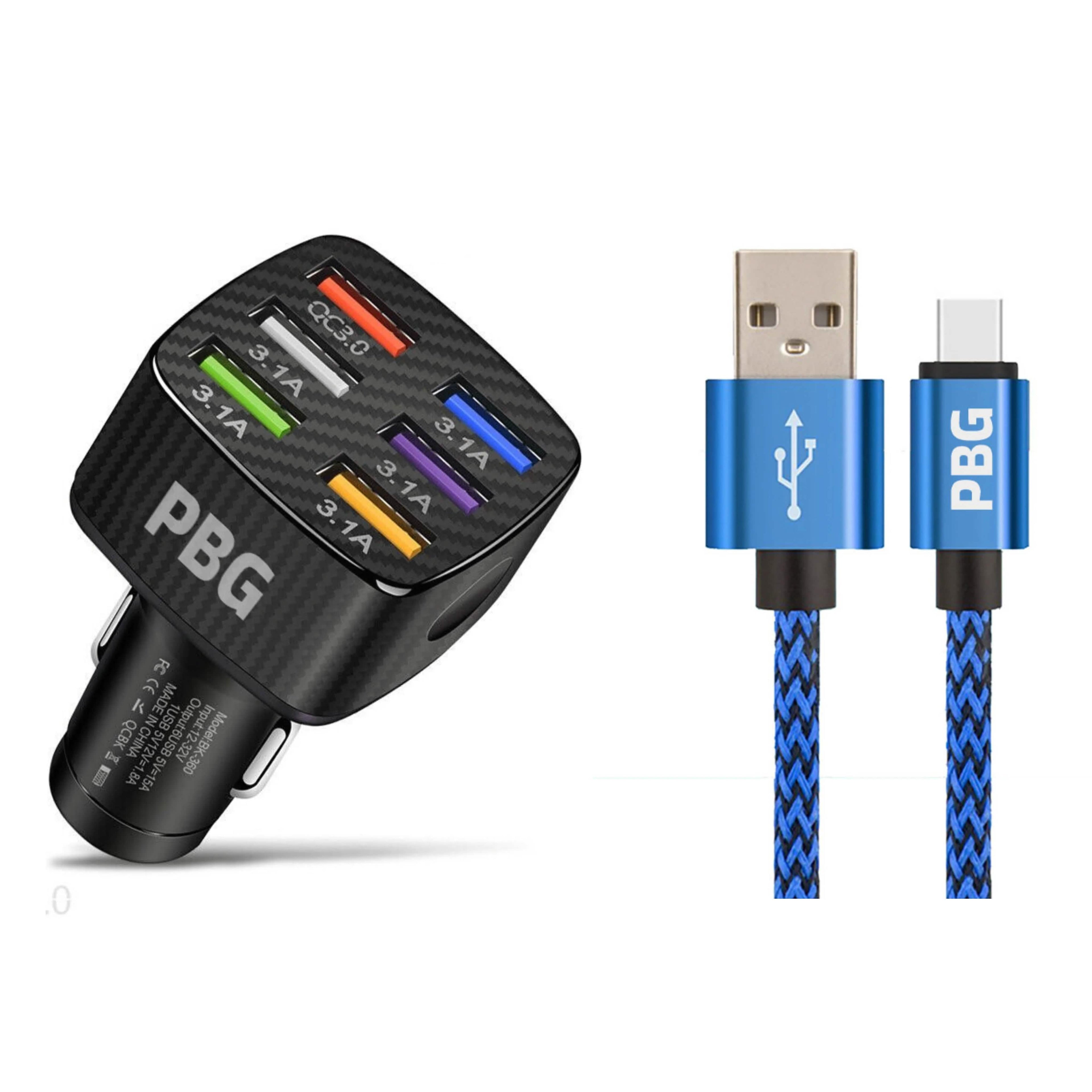 PBG LED 6 Port Car Charger and 10Ft. XL Zebra Lightning Cable Combo