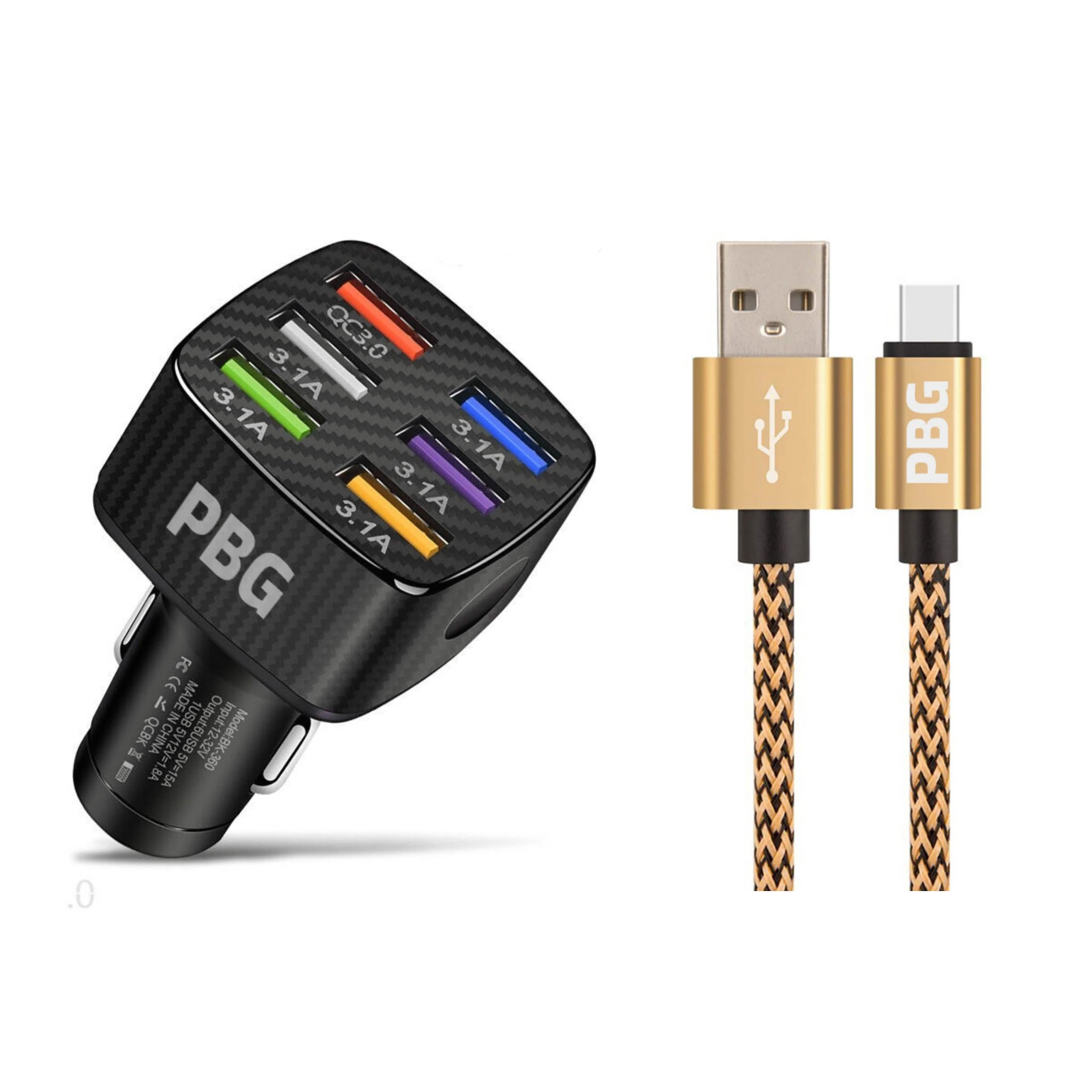 PBG LED 6 Port Car Charger and 10Ft. XL Zebra Lightning Cable Combo