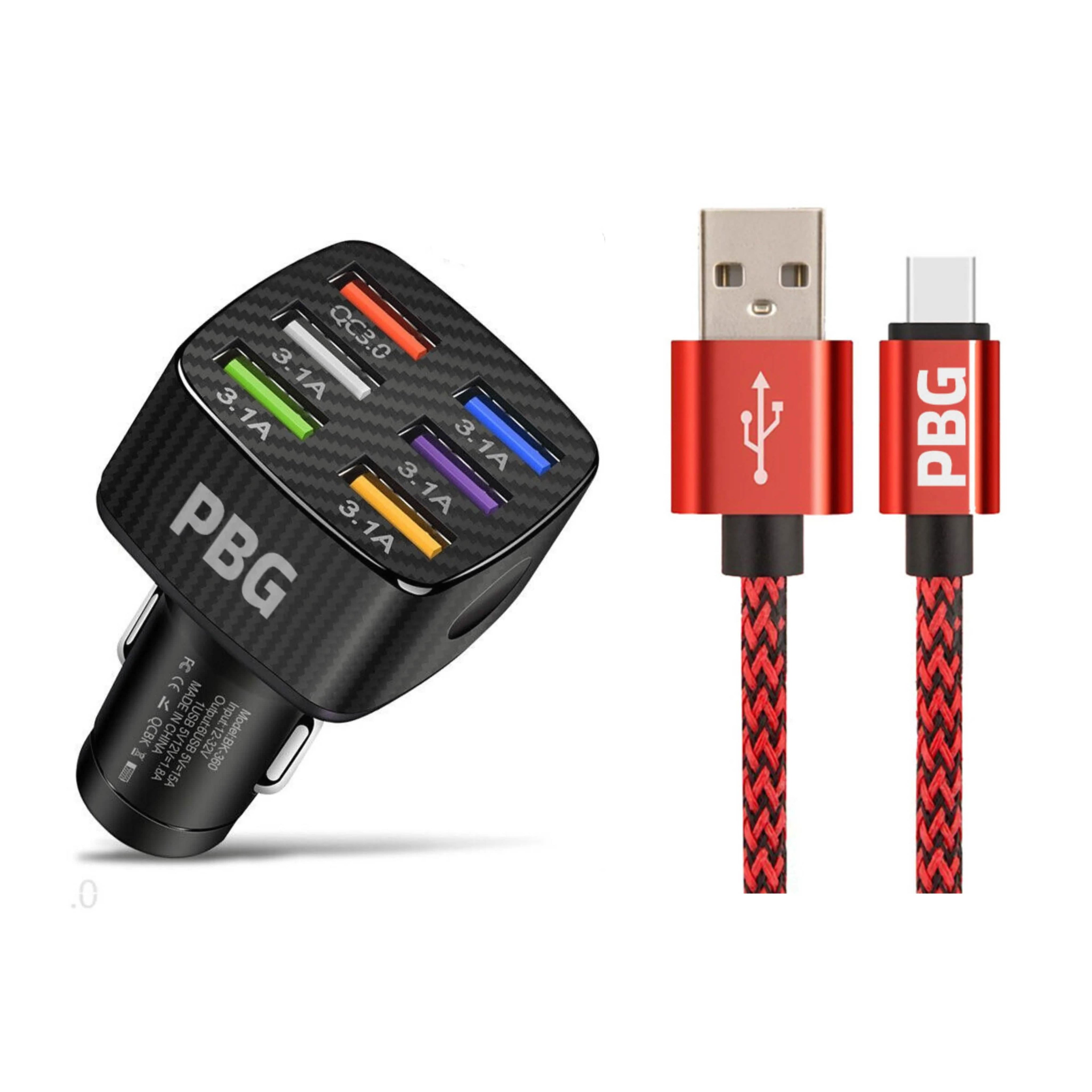 PBG LED 6 Port Car Charger and 10Ft. XL Zebra Lightning Cable Combo